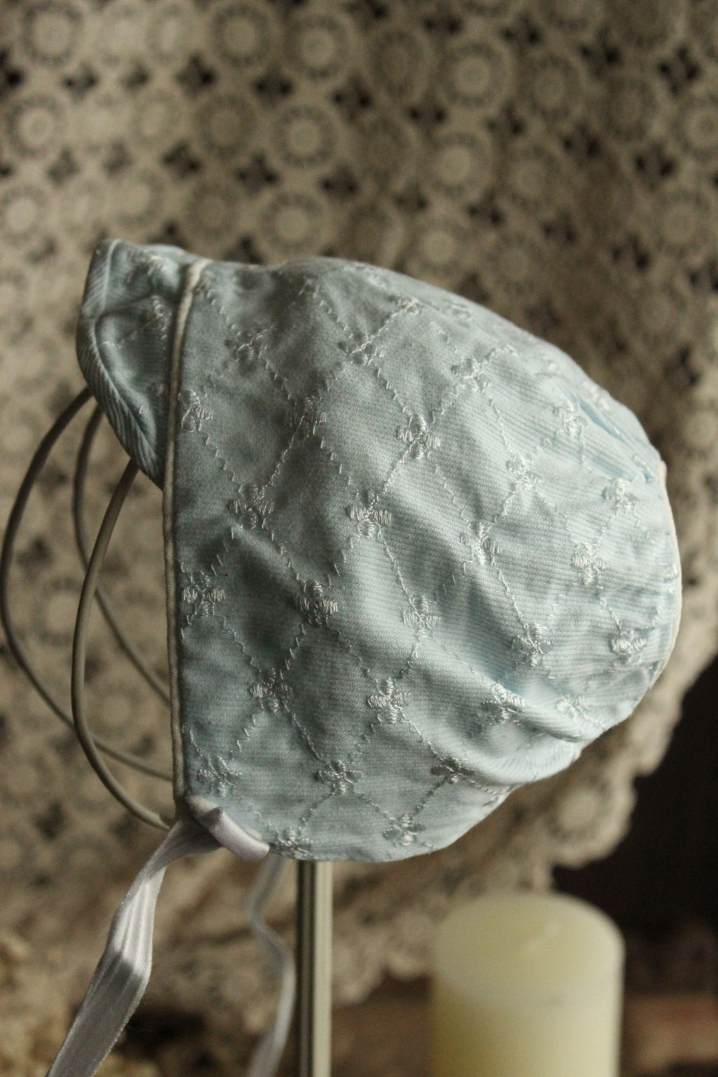 Vintage 1950s Pale Blue Embroidered Cotton Baby Bonnet