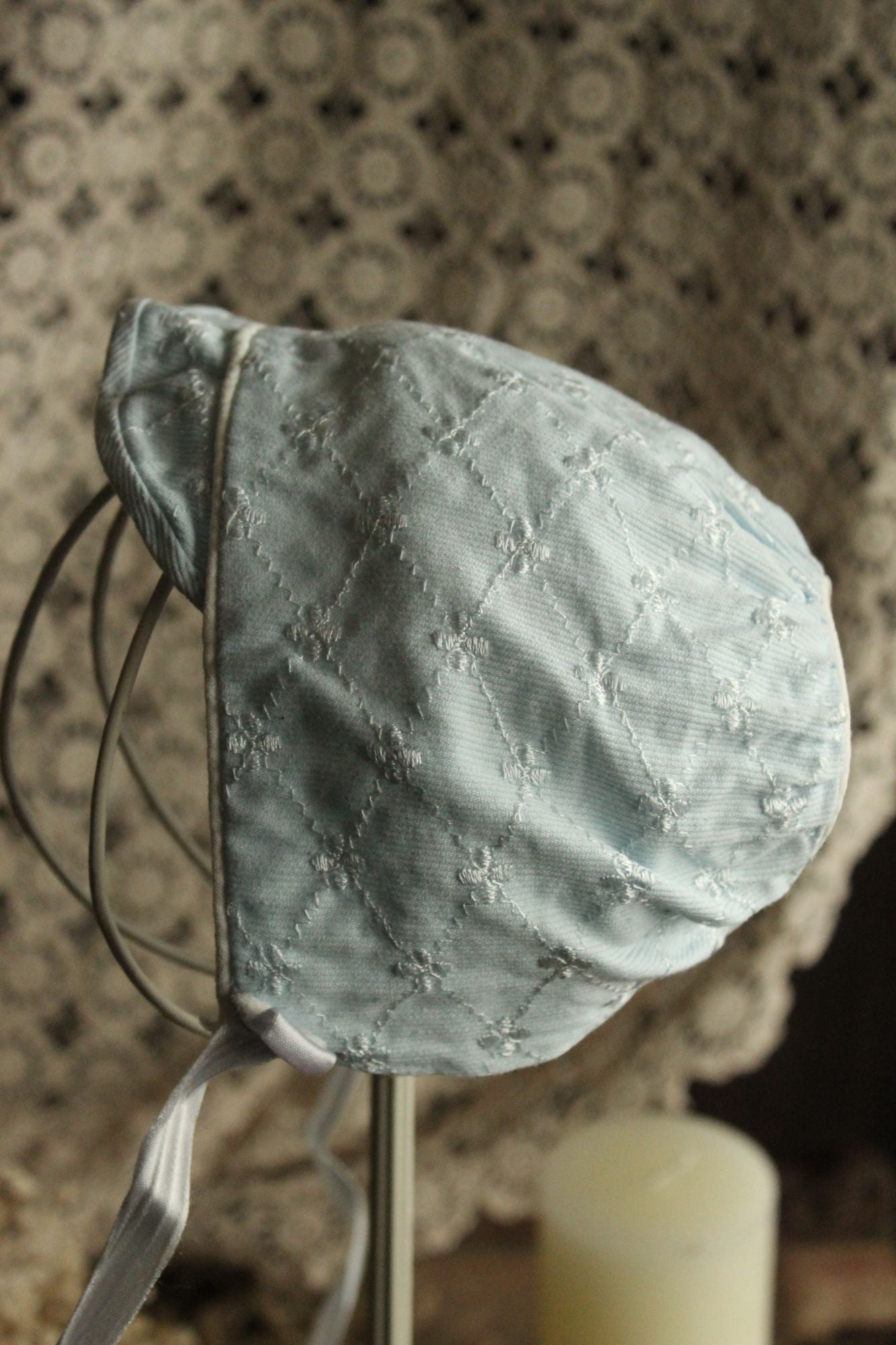 Vintage 1950s Pale Blue Embroidered Cotton Baby Bonnet