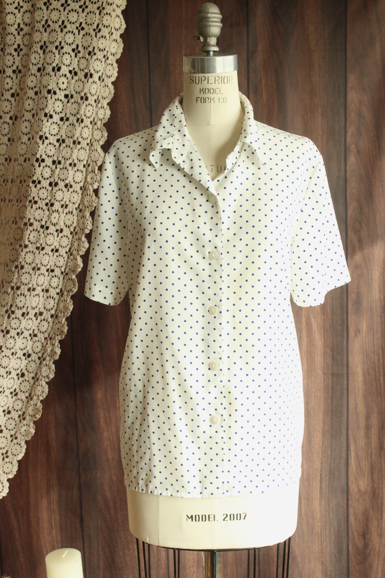 Vintage 1980s 1990s Volup Blue on White Polka Dot Short Sleeved Shirt