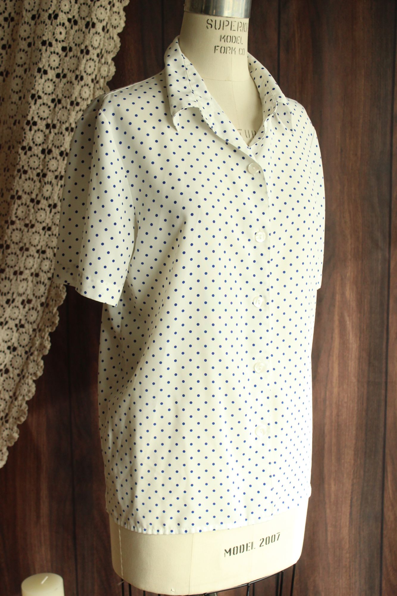 Vintage 1980s 1990s Volup Blue on White Polka Dot Short Sleeved Shirt