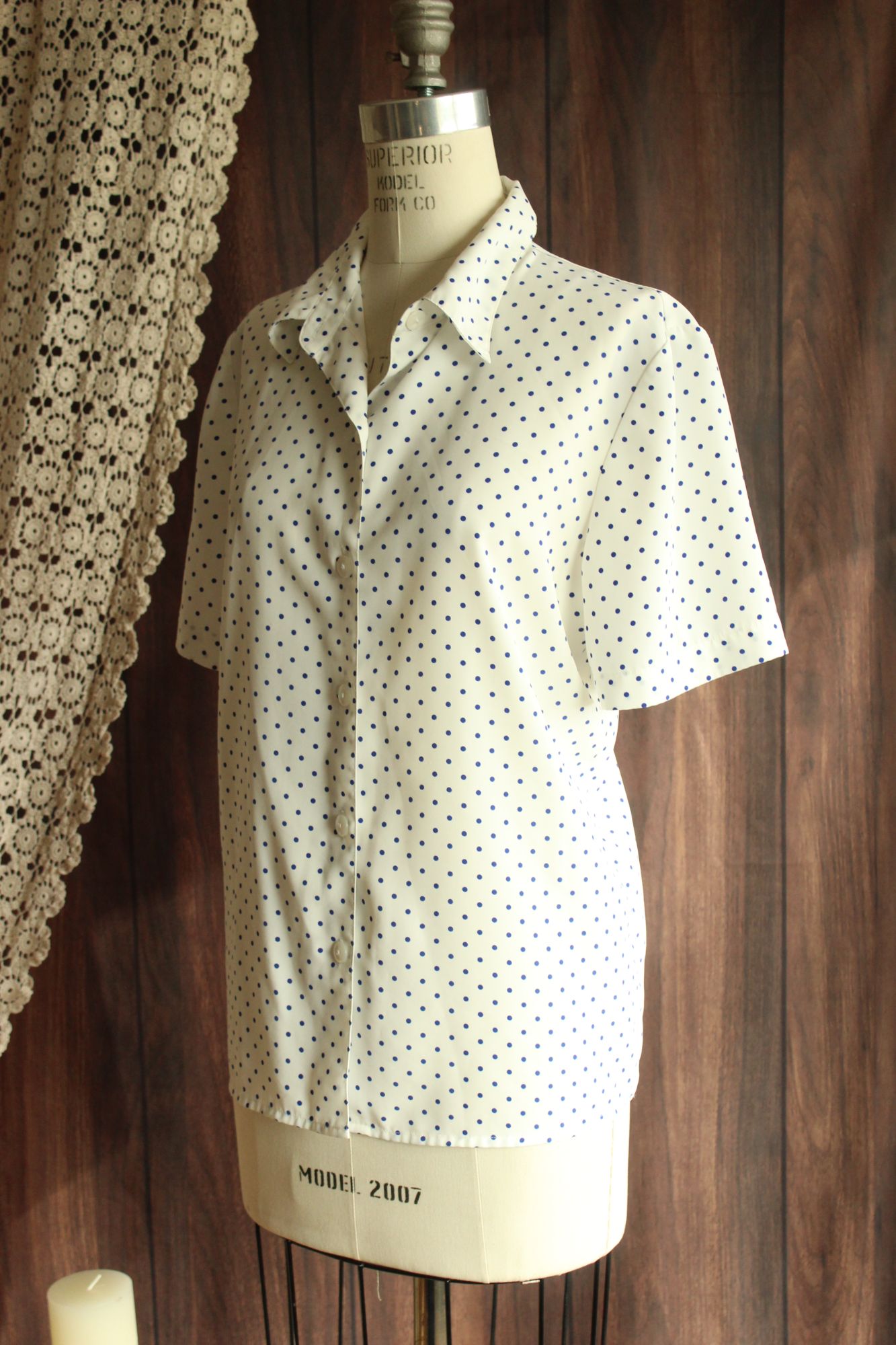 Vintage 1980s 1990s Volup Blue on White Polka Dot Short Sleeved Shirt