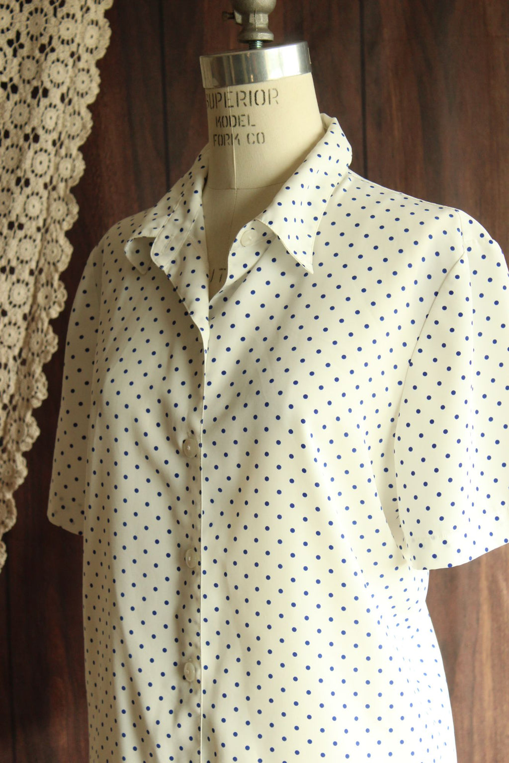 Vintage 1980s 1990s Volup Blue on White Polka Dot Short Sleeved Shirt