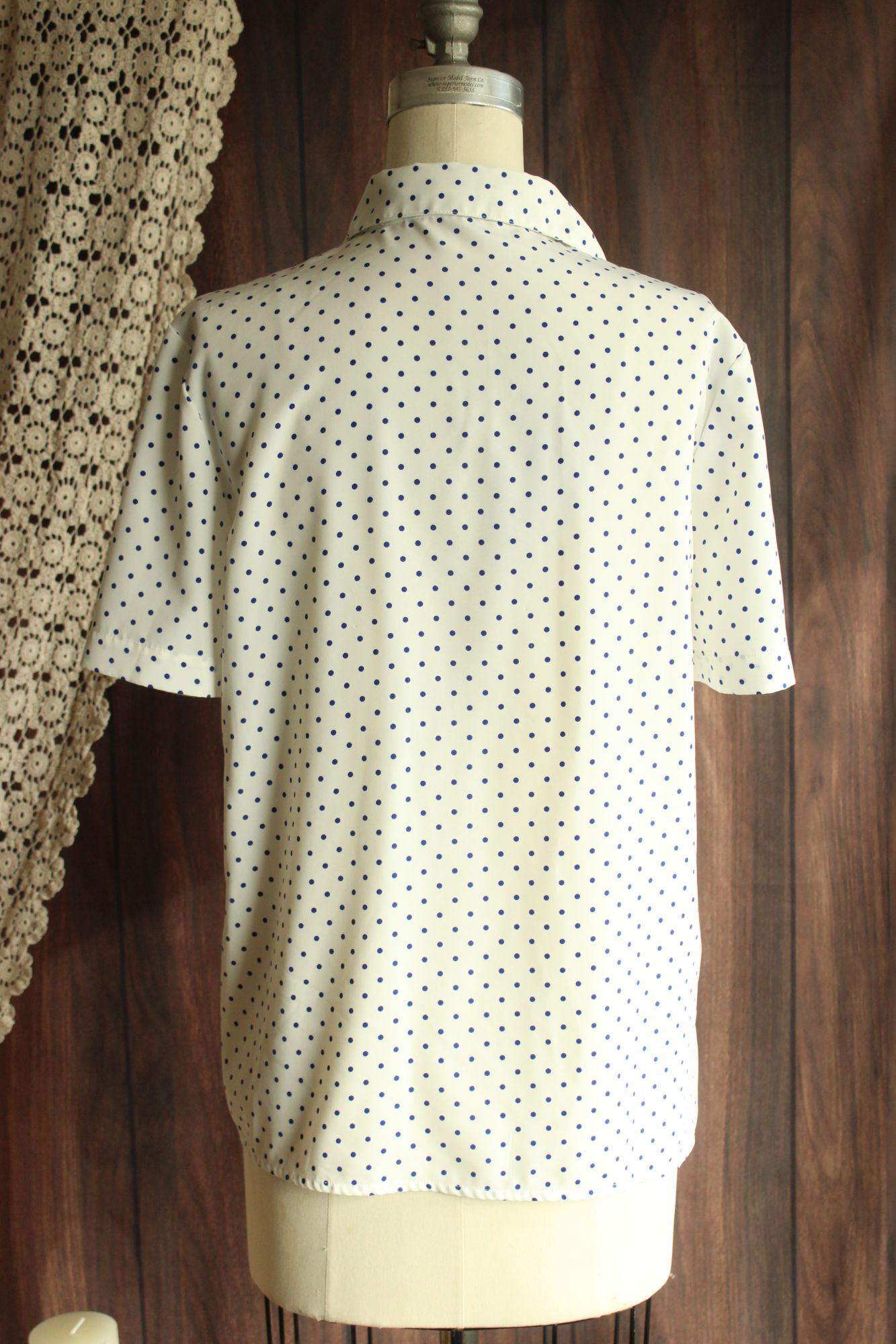 Vintage 1980s 1990s Volup Blue on White Polka Dot Short Sleeved Shirt