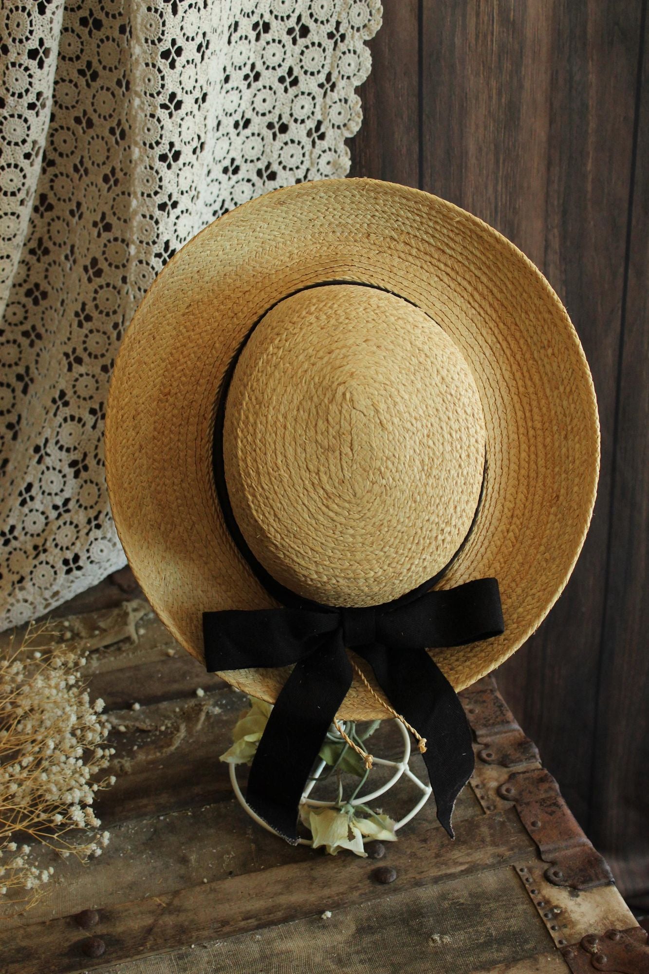 Vintage 1990s 2000s Scala Straw Wide Brimmed Sunhat with Black Ribbon