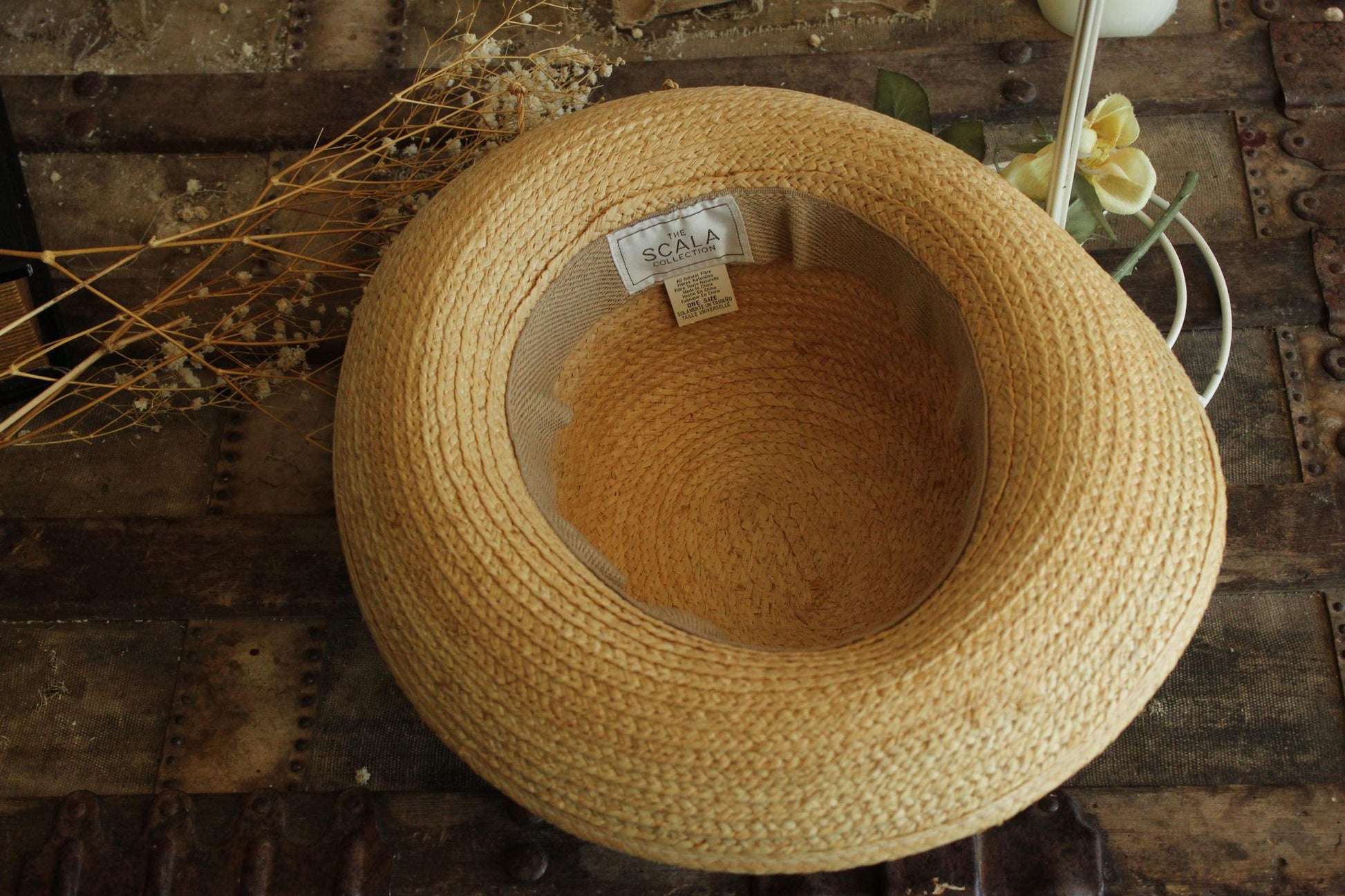 Vintage 1990s 2000s Scala Straw Wide Brimmed Sunhat with Black Ribbon