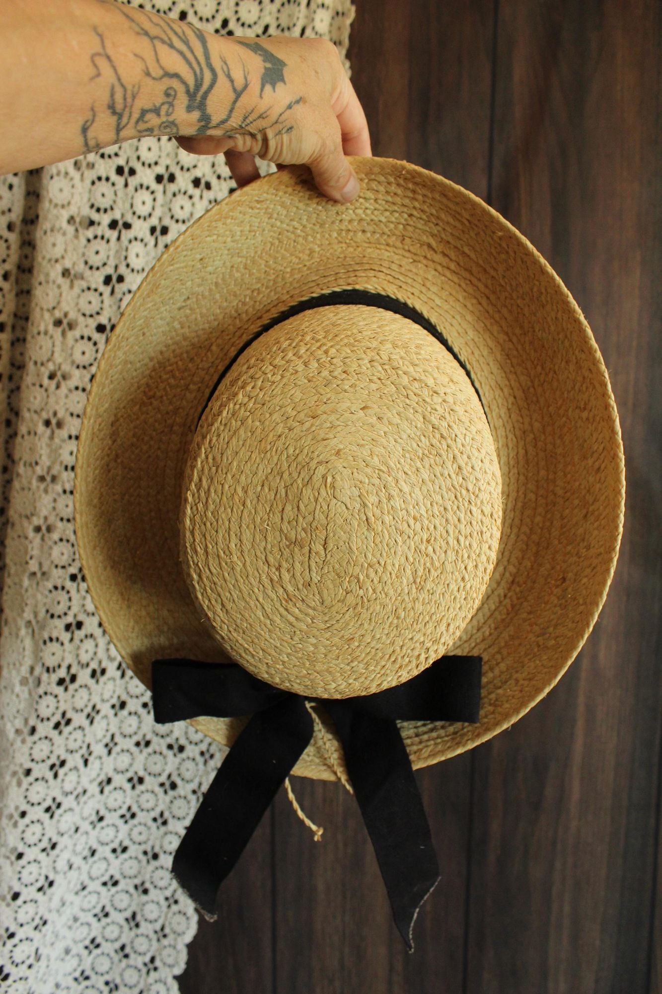 Vintage 1990s 2000s Scala Straw Wide Brimmed Sunhat with Black Ribbon