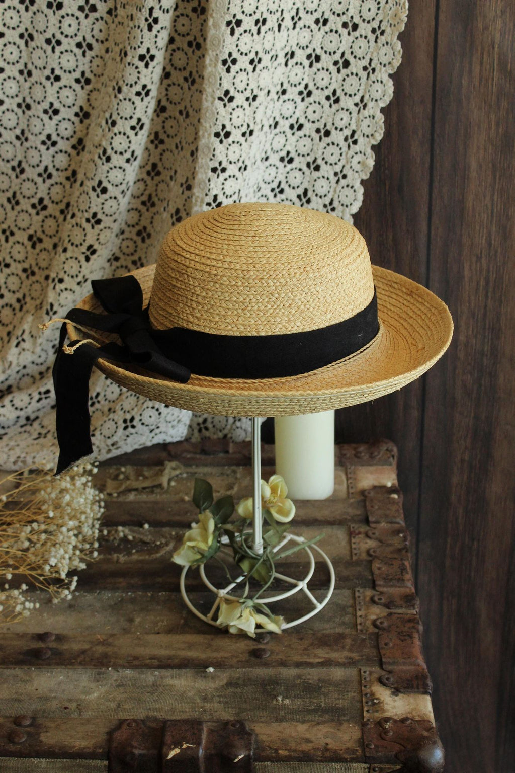 Vintage 1990s 2000s Scala Straw Wide Brimmed Sunhat with Black Ribbon