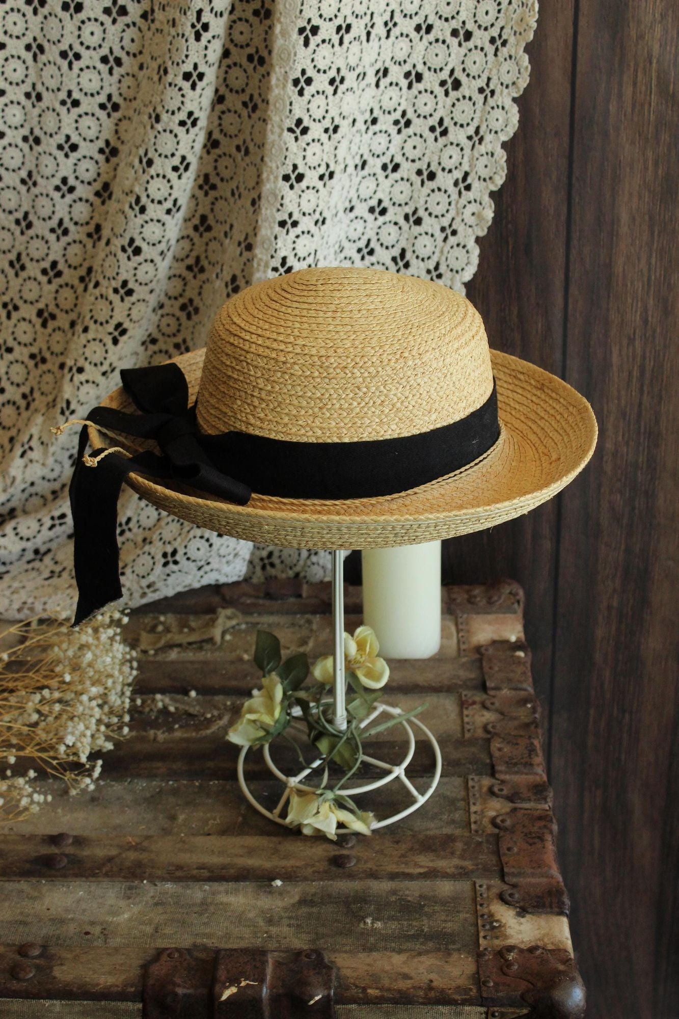 Vintage 1990s 2000s Scala Straw Wide Brimmed Sunhat with Black Ribbon