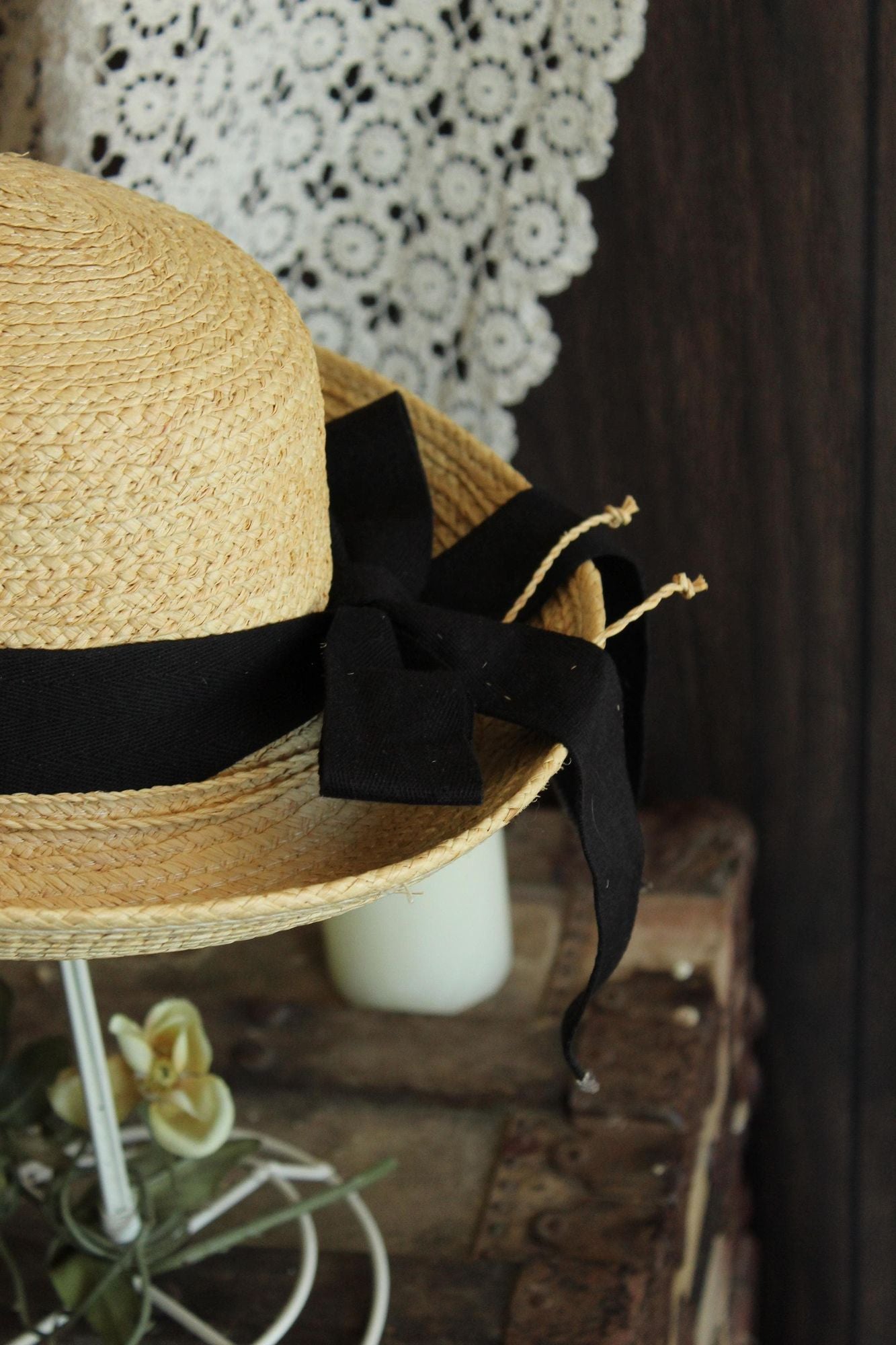 Vintage 1990s 2000s Scala Straw Wide Brimmed Sunhat with Black Ribbon