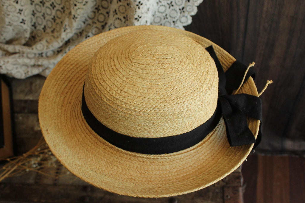 Vintage 1990s 2000s Scala Straw Wide Brimmed Sunhat with Black Ribbon