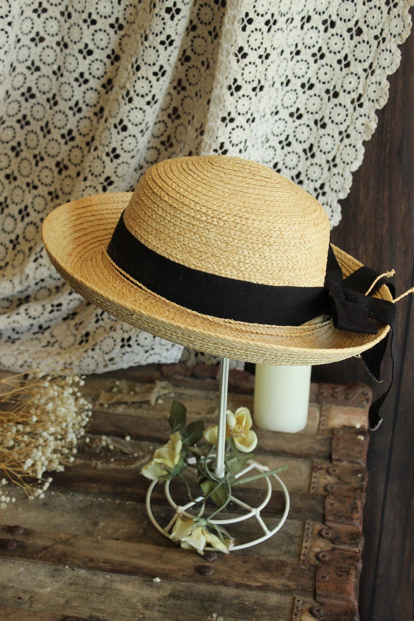 Vintage 1990s 2000s Scala Straw Wide Brimmed Sunhat with Black Ribbon