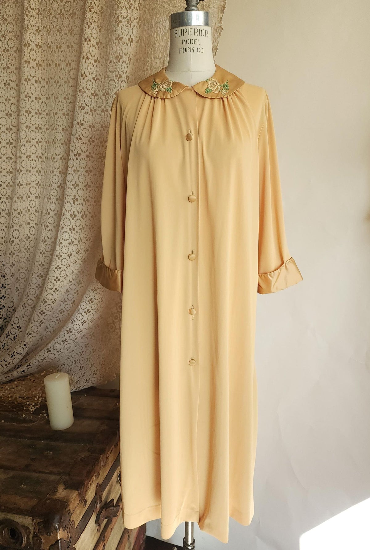 Vintage 1960s Artemis Golden Yellow Robe with Embroidered Peter Pan Collar
