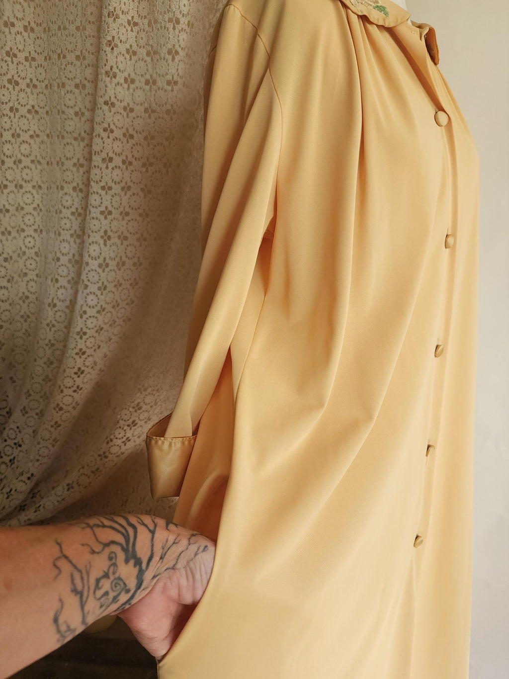 Vintage 1960s Artemis Golden Yellow Robe with Embroidered Peter Pan Collar
