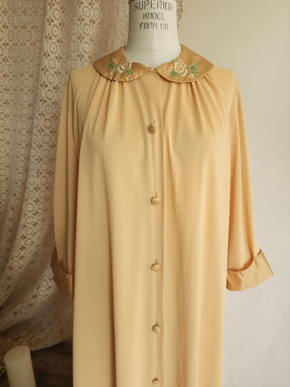 Vintage 1960s Artemis Golden Yellow Robe with Embroidered Peter Pan Collar