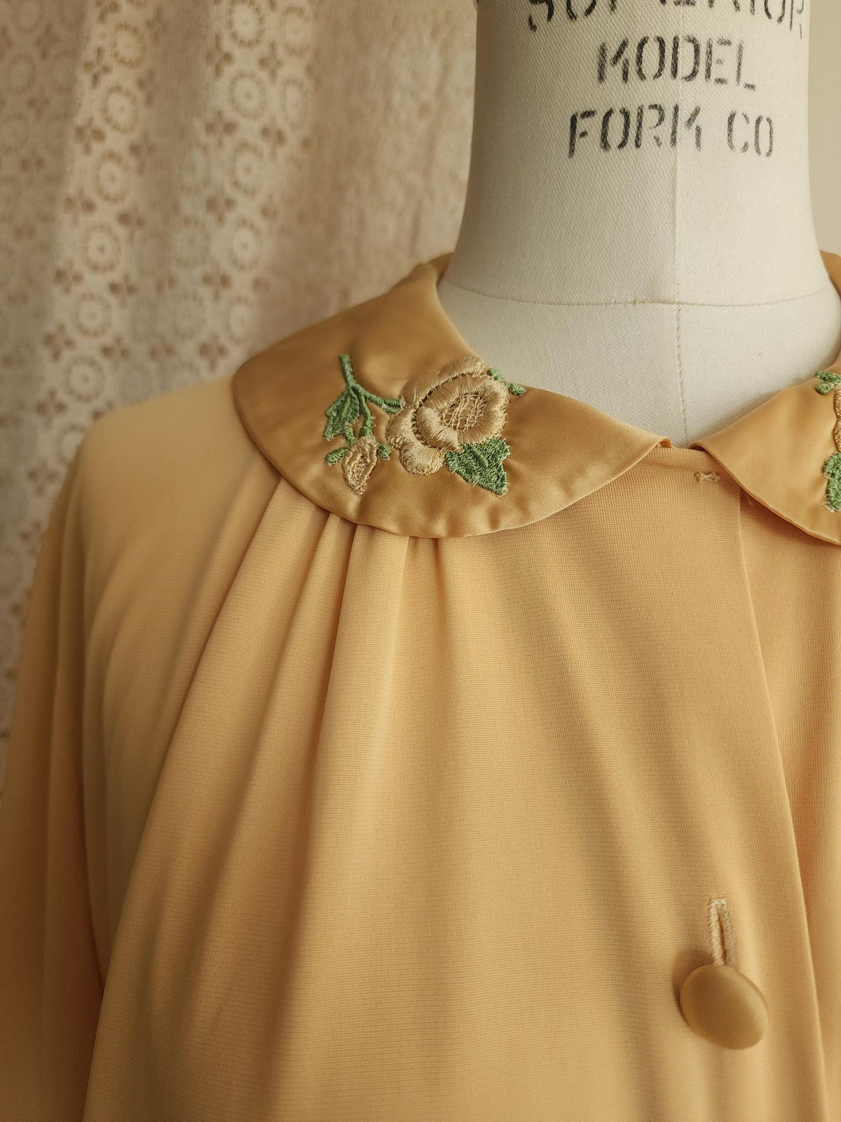 Vintage 1960s Artemis Golden Yellow Robe with Embroidered Peter Pan Collar