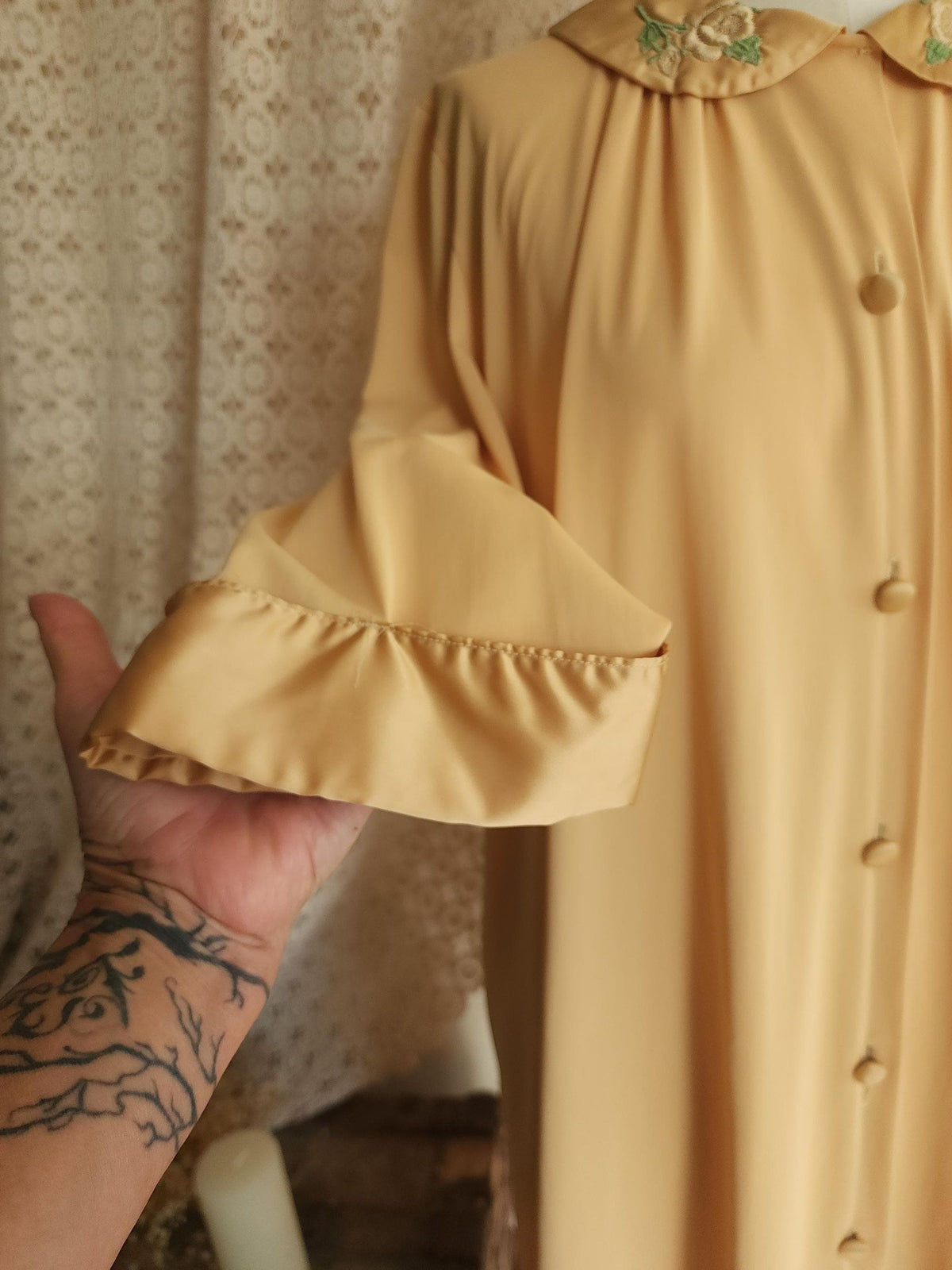 Vintage 1960s Artemis Golden Yellow Robe with Embroidered Peter Pan Collar