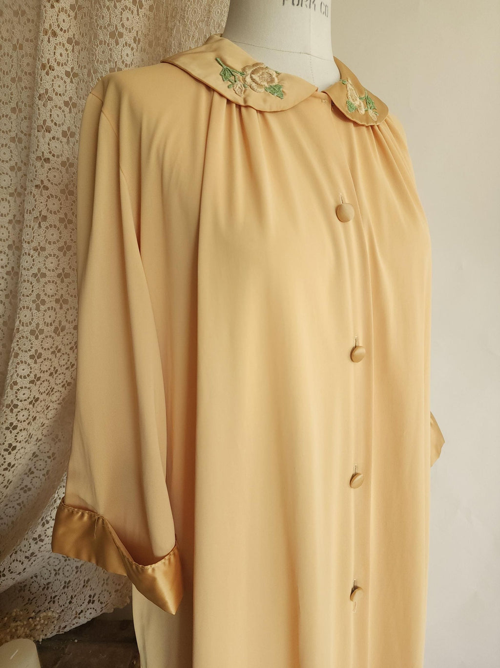 Vintage 1960s Artemis Golden Yellow Robe with Embroidered Peter Pan Collar