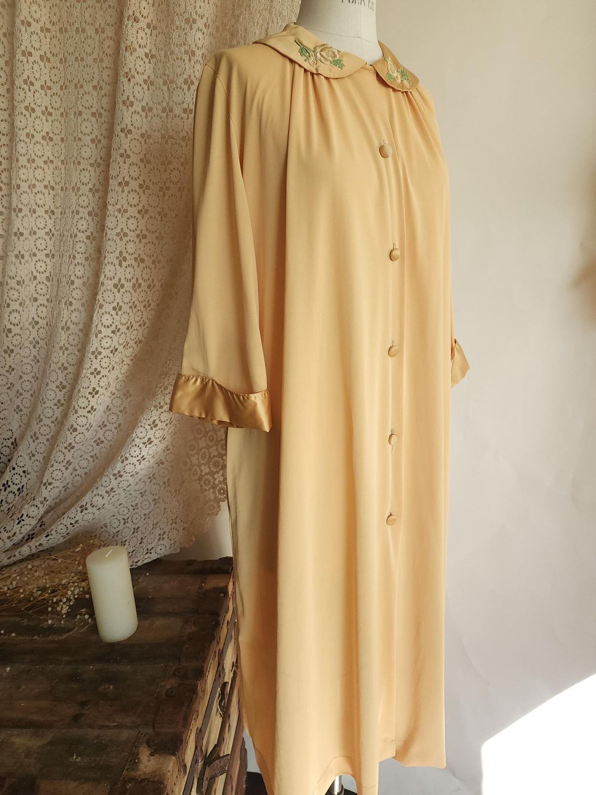 Vintage 1960s Artemis Golden Yellow Robe with Embroidered Peter Pan Collar