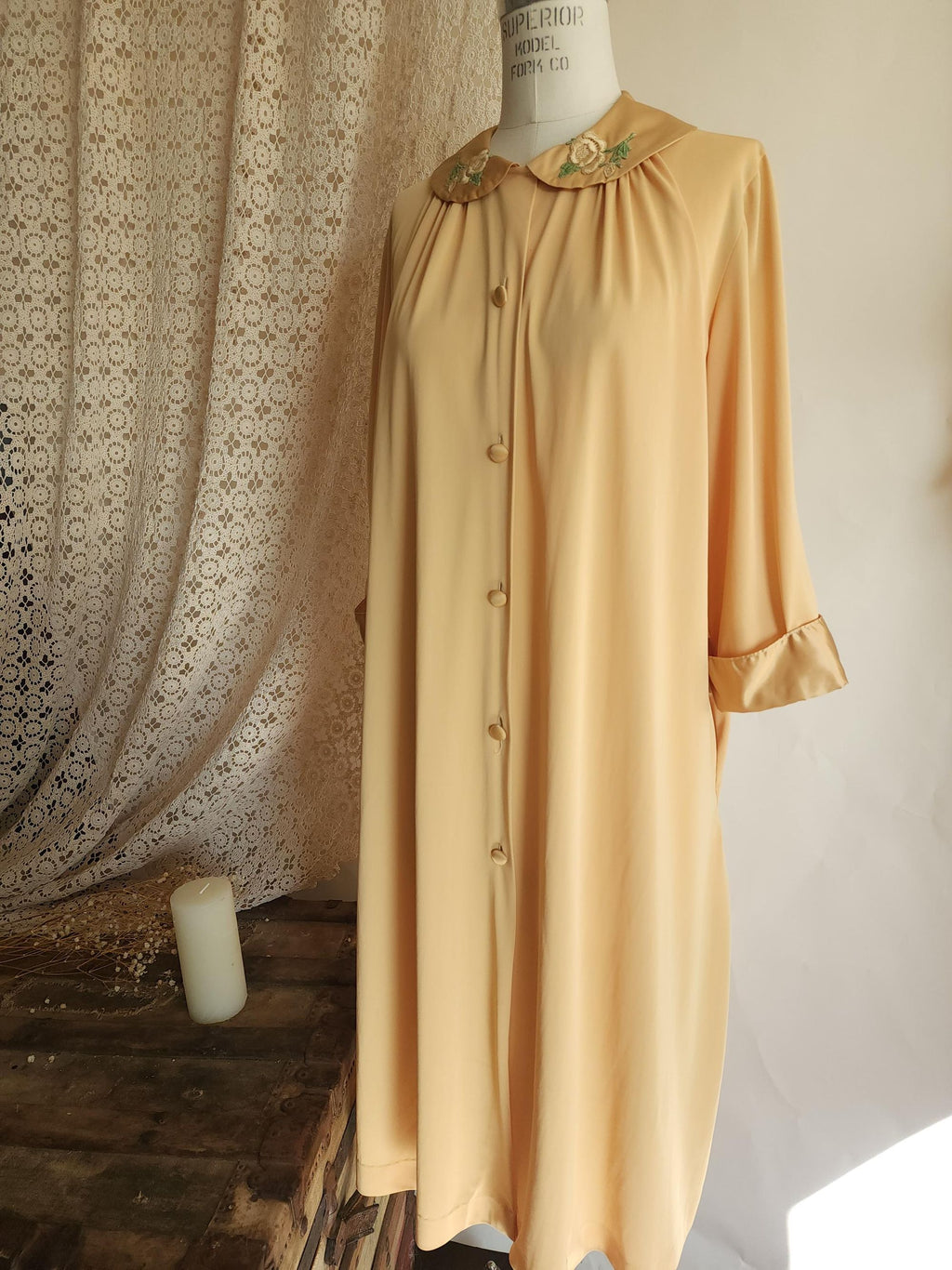 Vintage 1960s Artemis Golden Yellow Robe with Embroidered Peter Pan Collar