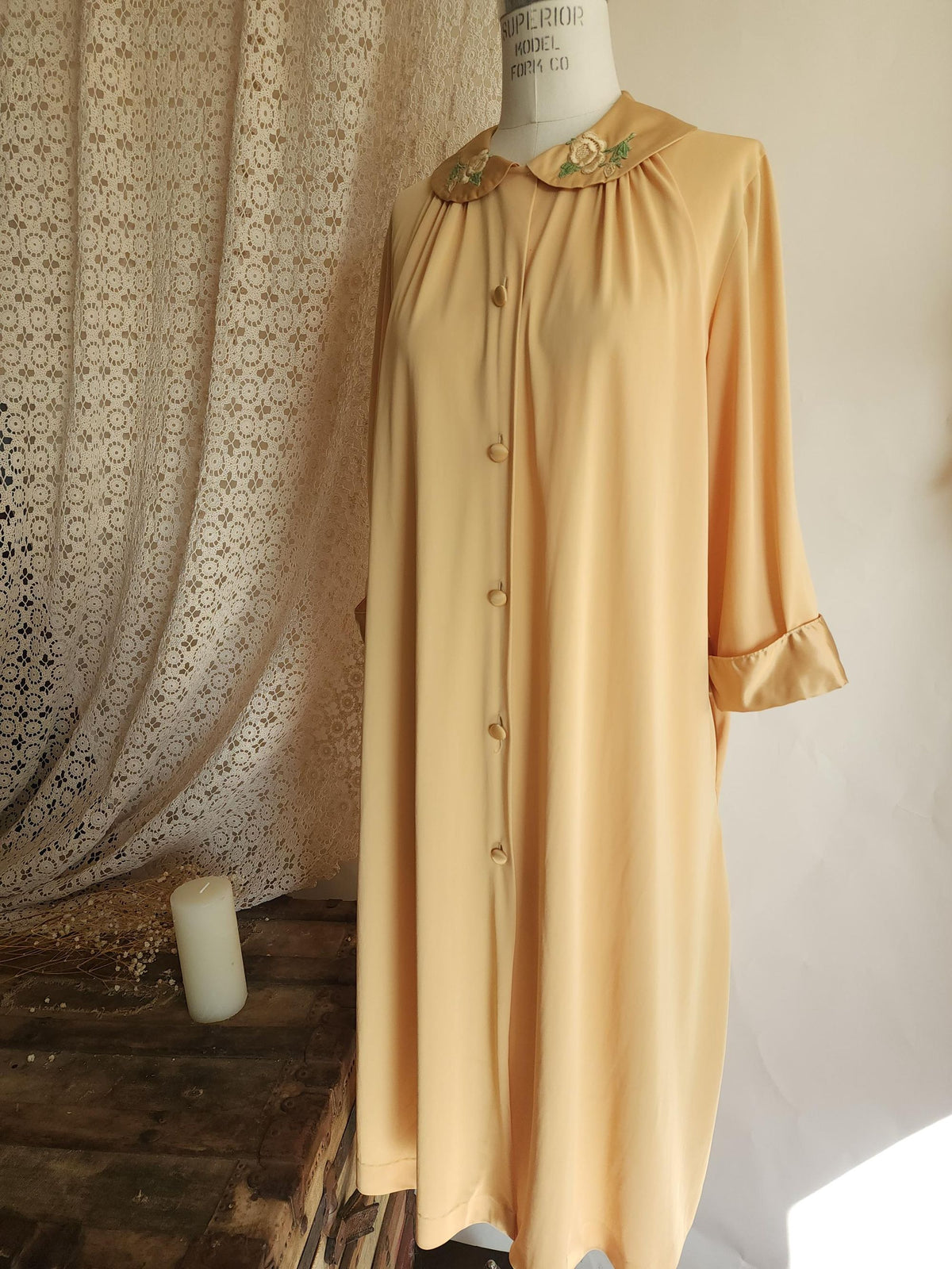 Vintage 1960s Artemis Golden Yellow Robe with Embroidered Peter Pan Collar