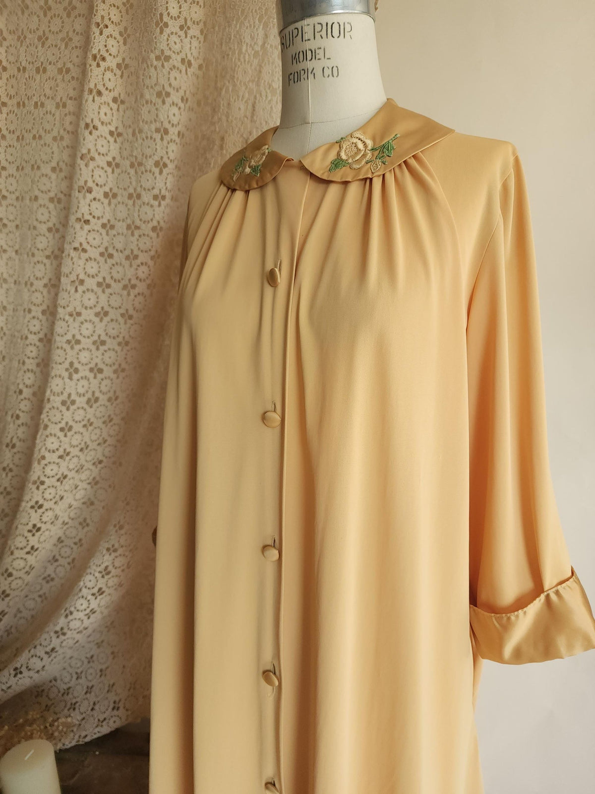 Vintage 1960s Artemis Golden Yellow Robe with Embroidered Peter Pan Collar