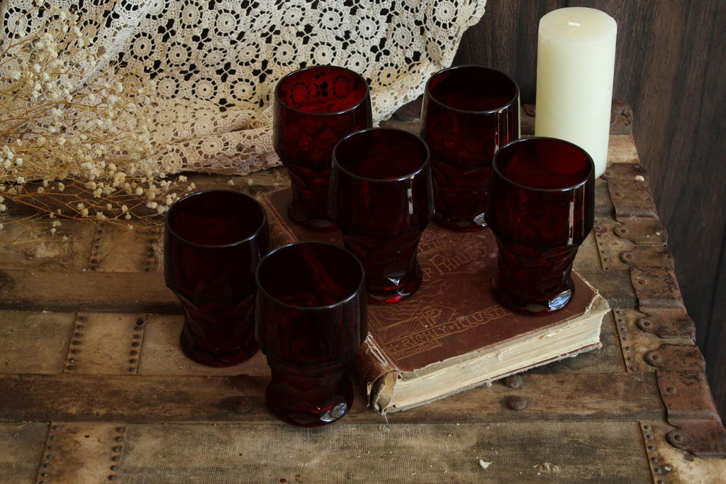 Vintage 1960s 12oz. Anchor Hocking Georgian Royal Ruby Red Tumblers, Set of Six