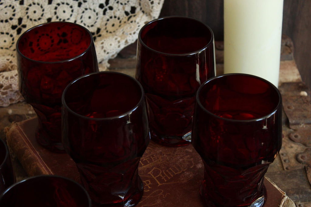 Vintage 1960s 12oz. Anchor Hocking Georgian Royal Ruby Red Tumblers, Set of Six