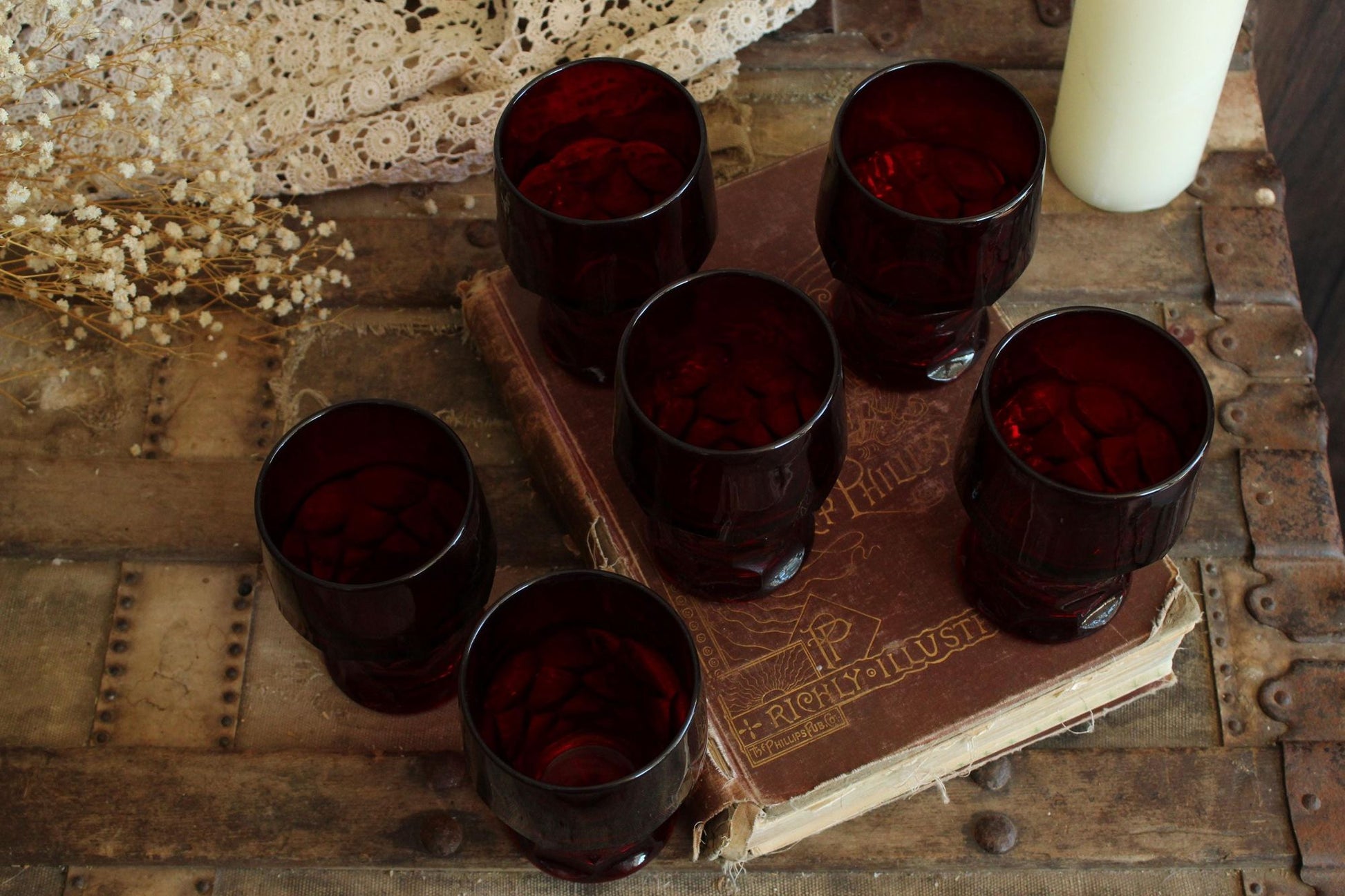 Vintage 1960s 12oz. Anchor Hocking Georgian Royal Ruby Red Tumblers, Set of Six
