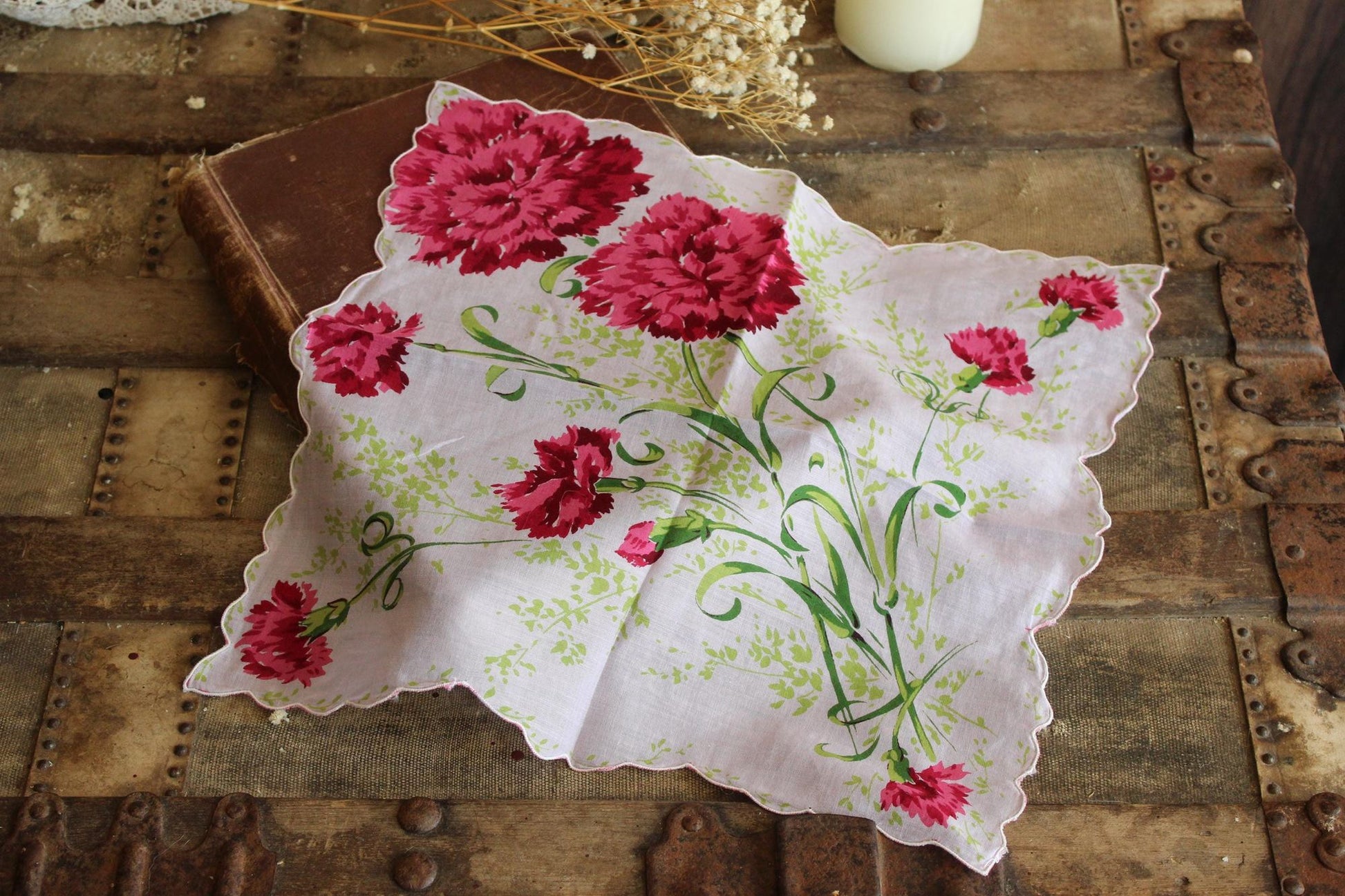 Vintage Pink and Purple Carnation Flower Print Handkerchief
