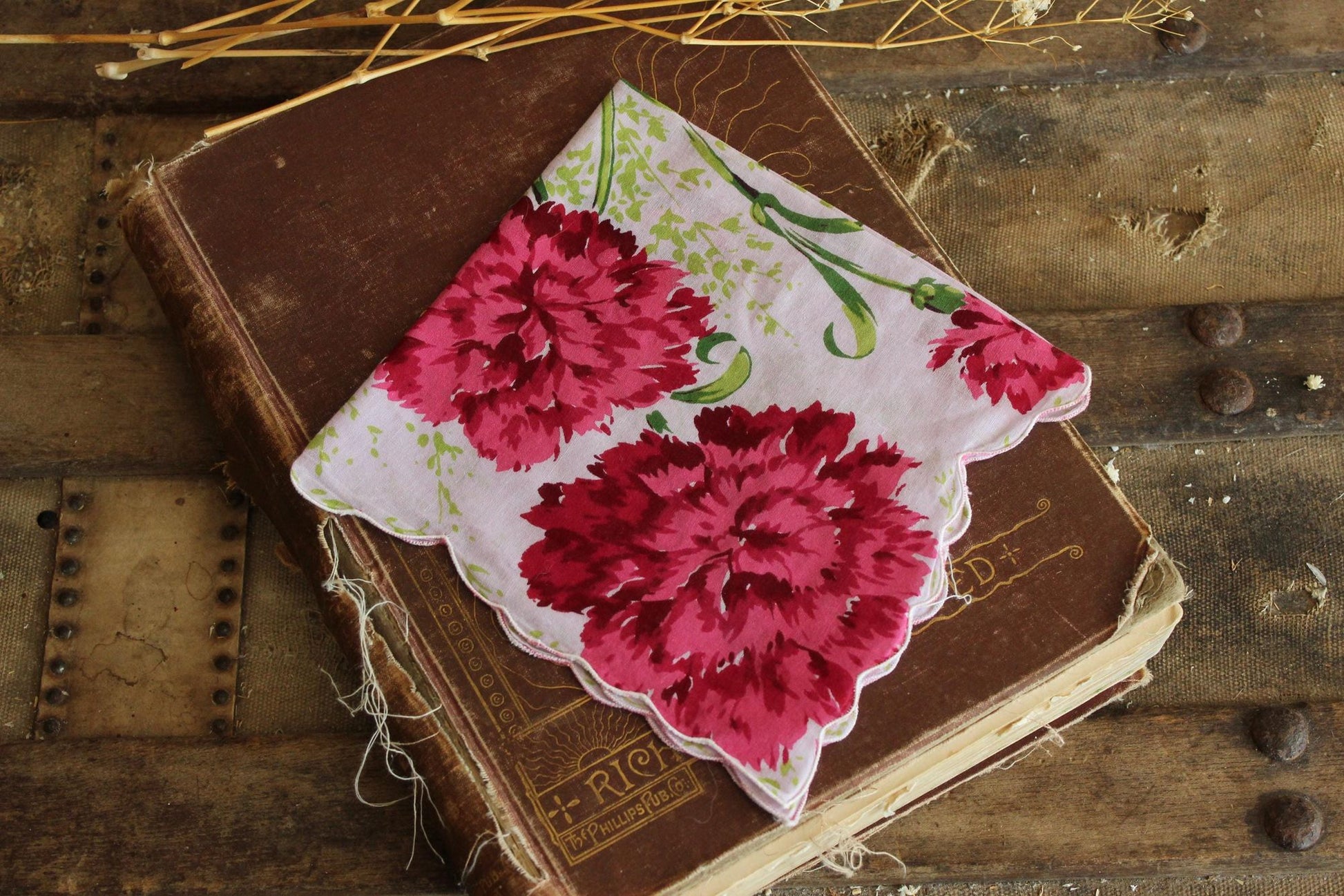 Vintage Pink and Purple Carnation Flower Print Handkerchief