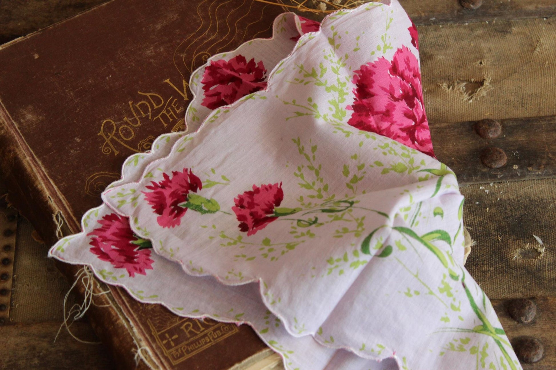 Vintage Pink and Purple Carnation Flower Print Handkerchief