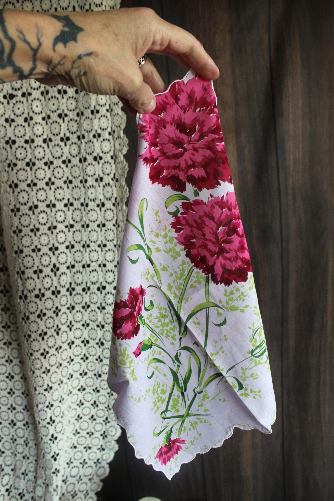 Vintage Pink and Purple Carnation Flower Print Handkerchief