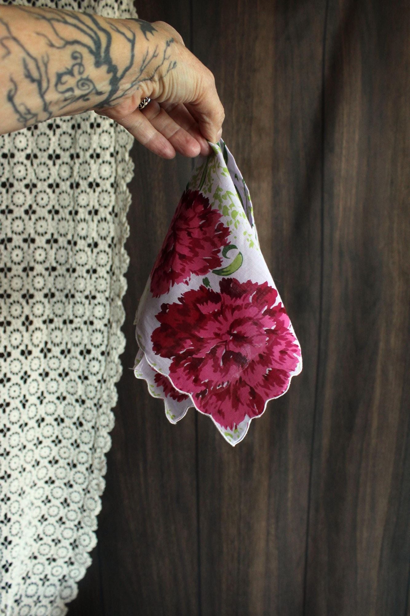 Vintage Pink and Purple Carnation Flower Print Handkerchief
