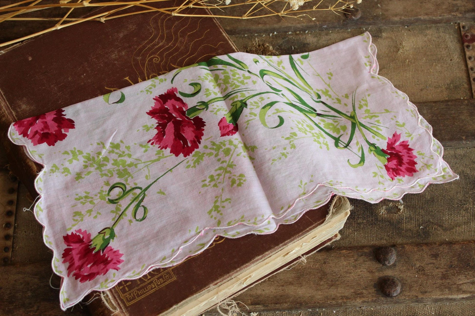 Vintage Pink and Purple Carnation Flower Print Handkerchief