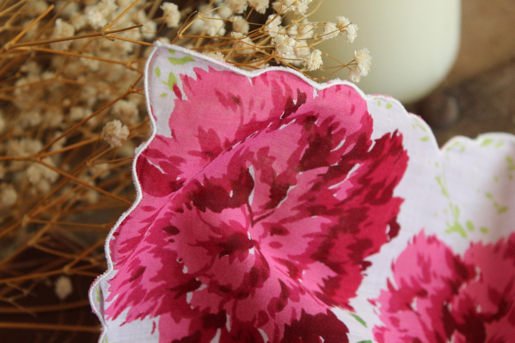 Vintage Pink and Purple Carnation Flower Print Handkerchief