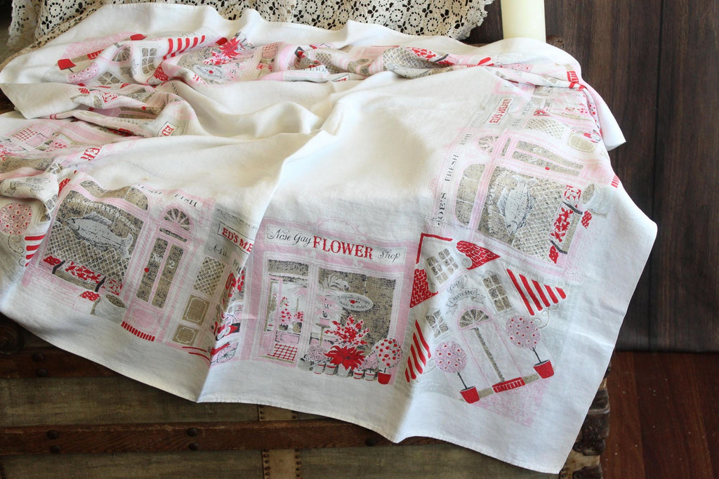 Vintage 1950s Novelty Storefront Print White Linen Tablecloth