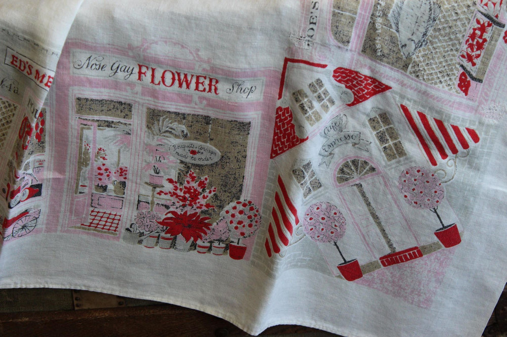Vintage 1950s Novelty Storefront Print White Linen Tablecloth