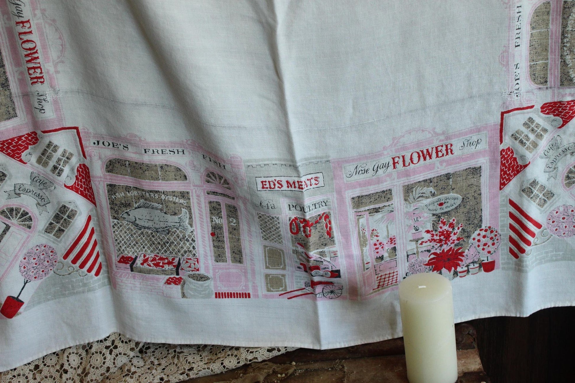 Vintage 1950s Novelty Storefront Print White Linen Tablecloth