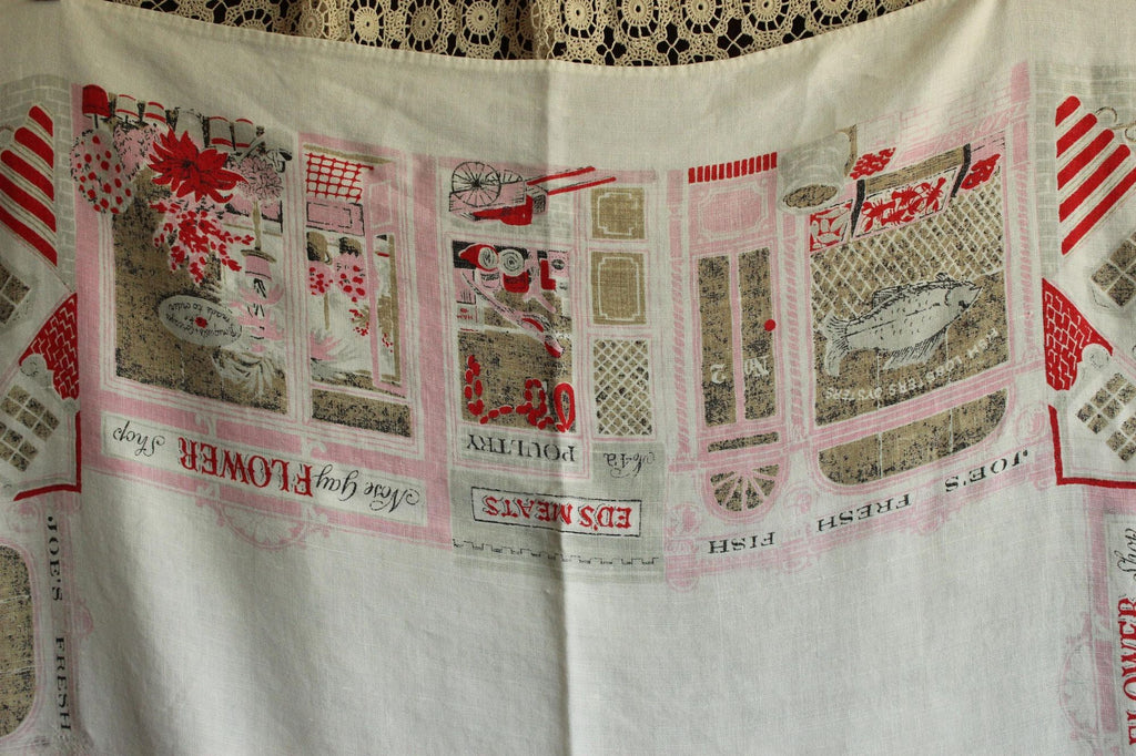 Vintage 1950s Novelty Storefront Print White Linen Tablecloth