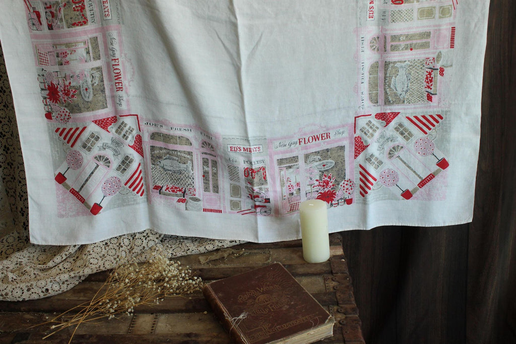 Vintage 1950s Novelty Storefront Print White Linen Tablecloth