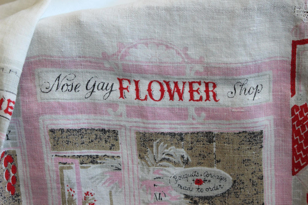 Vintage 1950s Novelty Storefront Print White Linen Tablecloth