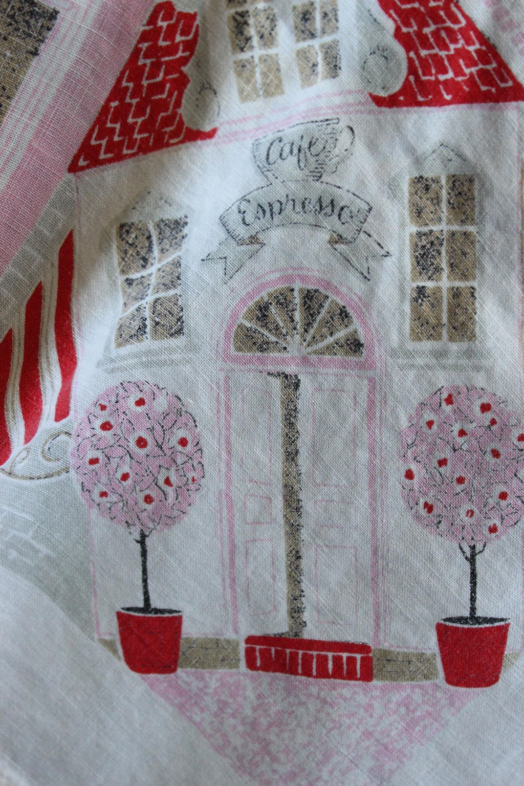 Vintage 1950s Novelty Storefront Print White Linen Tablecloth