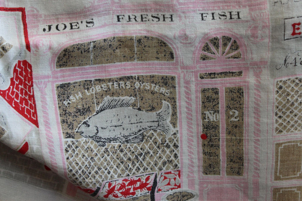 Vintage 1950s Novelty Storefront Print White Linen Tablecloth