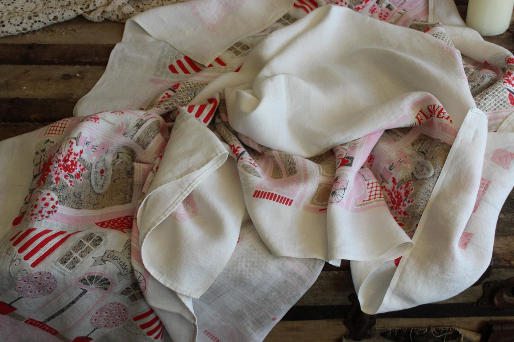 Vintage 1950s Novelty Storefront Print White Linen Tablecloth