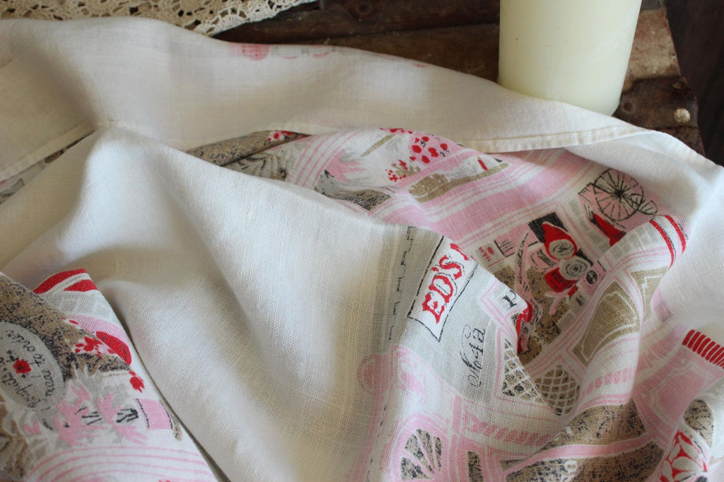 Vintage 1950s Novelty Storefront Print White Linen Tablecloth
