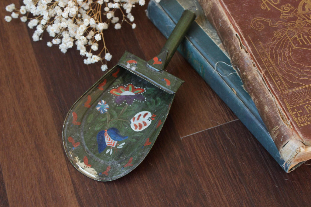 Vintage 1800s Painted Metal Scoop with Hand Painted Folk Art