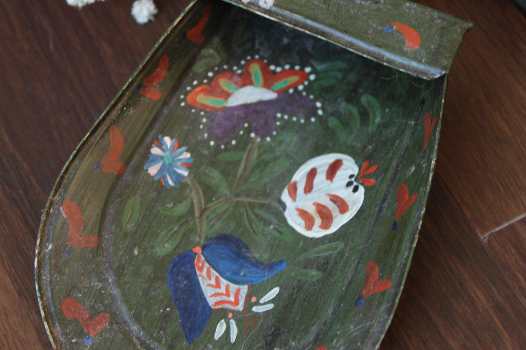 Vintage 1800s Painted Metal Scoop with Hand Painted Folk Art