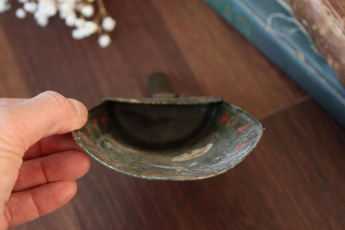 Vintage 1800s Painted Metal Scoop with Hand Painted Folk Art