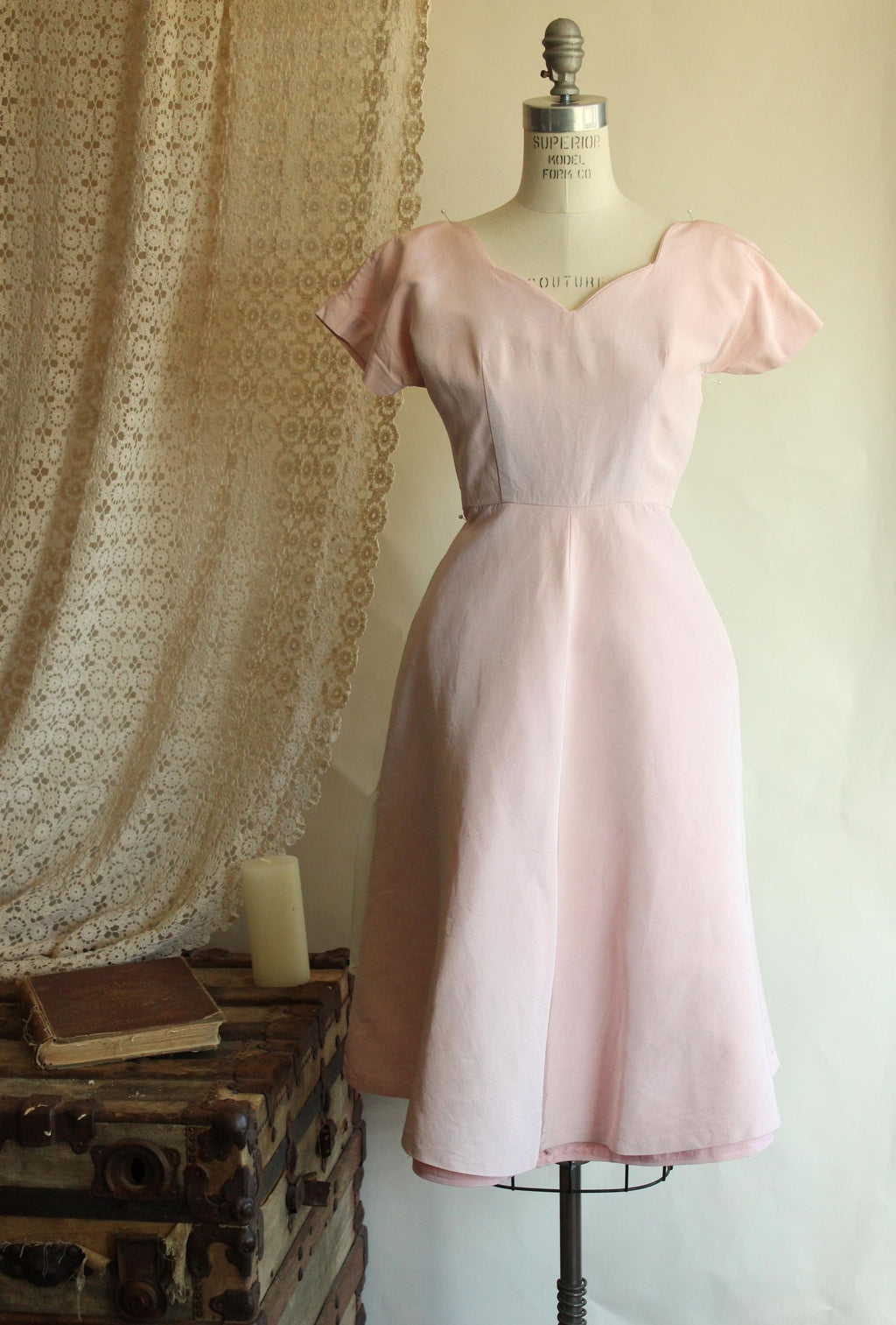 Vintage 1950s Pink Faille Dress with Sweetheart Neckline