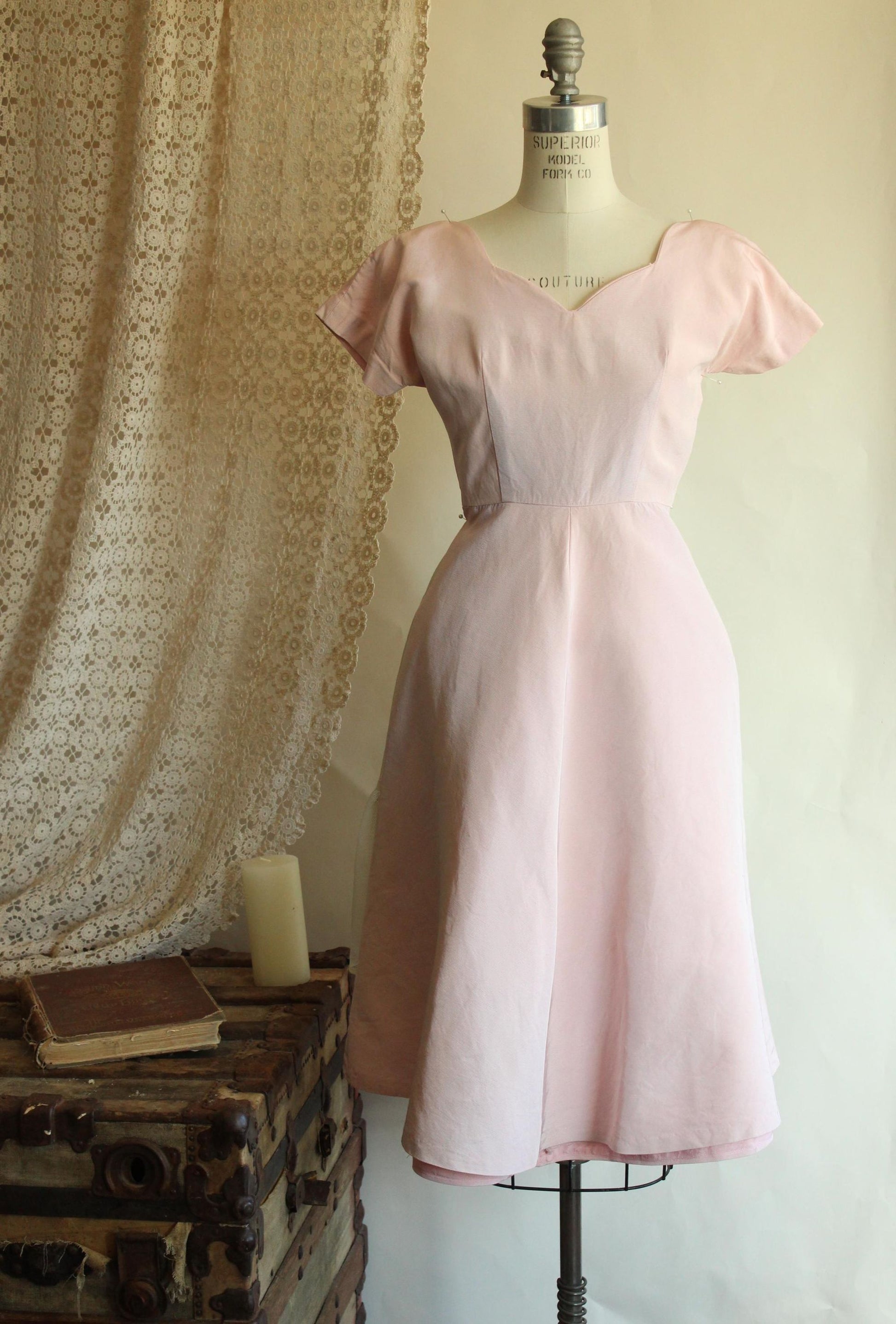 Vintage 1950s Pink Faille Dress with Sweetheart Neckline